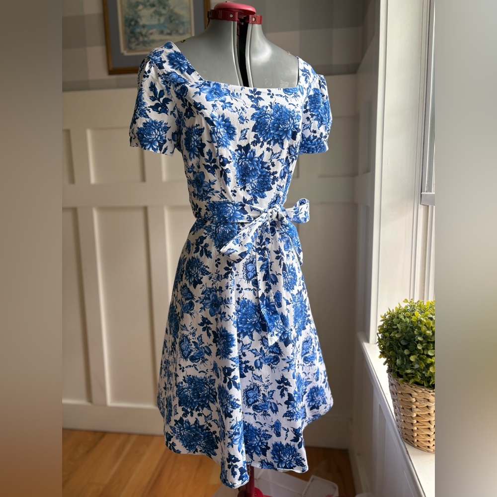 Cotton Summer Blue Floral Midi Dress with Tie Waist 2XL